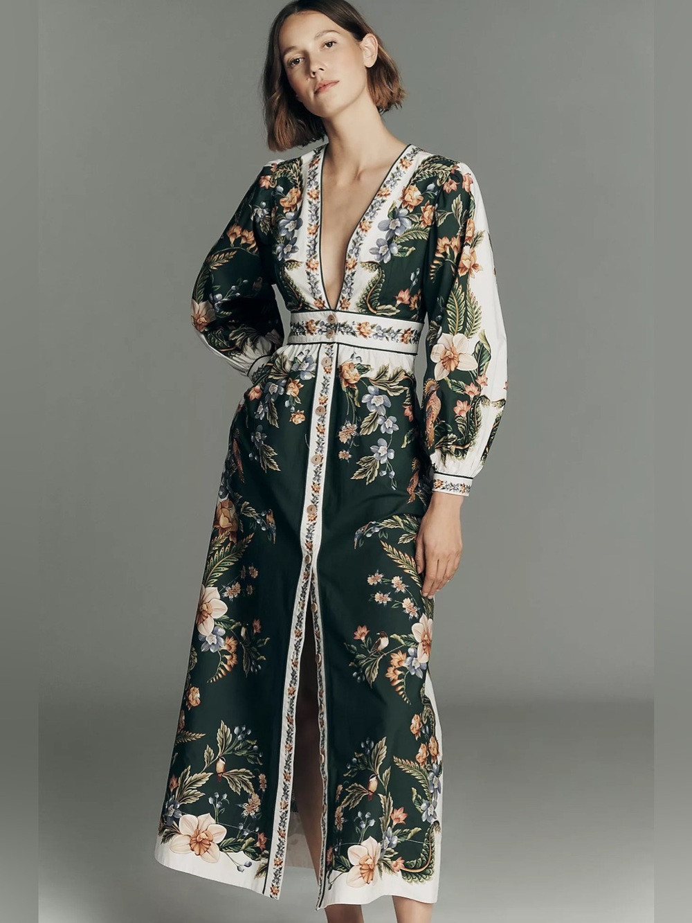NWT Farm Rio Green Floral Nature V Neck Buttoned Maxi Dress - Picture 5 of 11